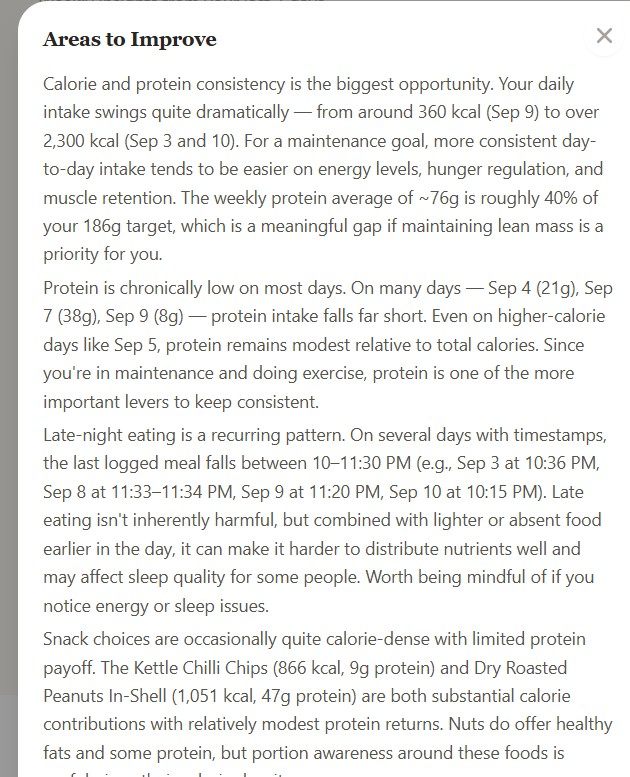 The Areas to Improve section of the same weekly summary.