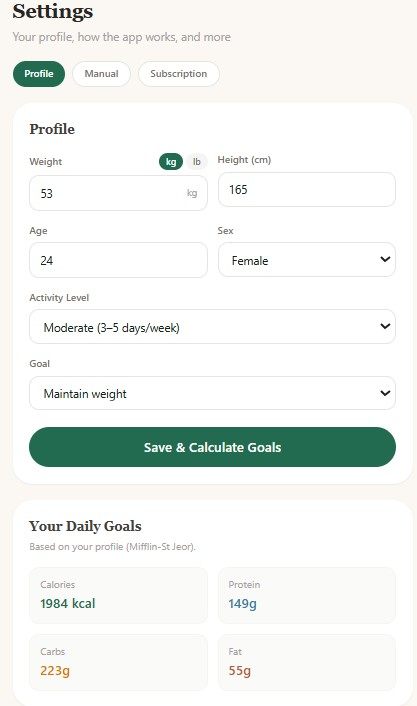 Daily calorie and macro goals worked out from age, height, weight, sex, activity and goal.
