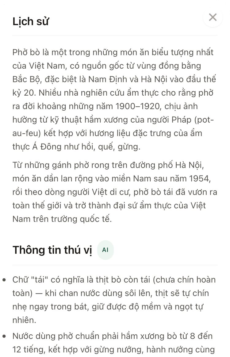 The history behind a logged dish, with its fun facts below, written in Vietnamese.