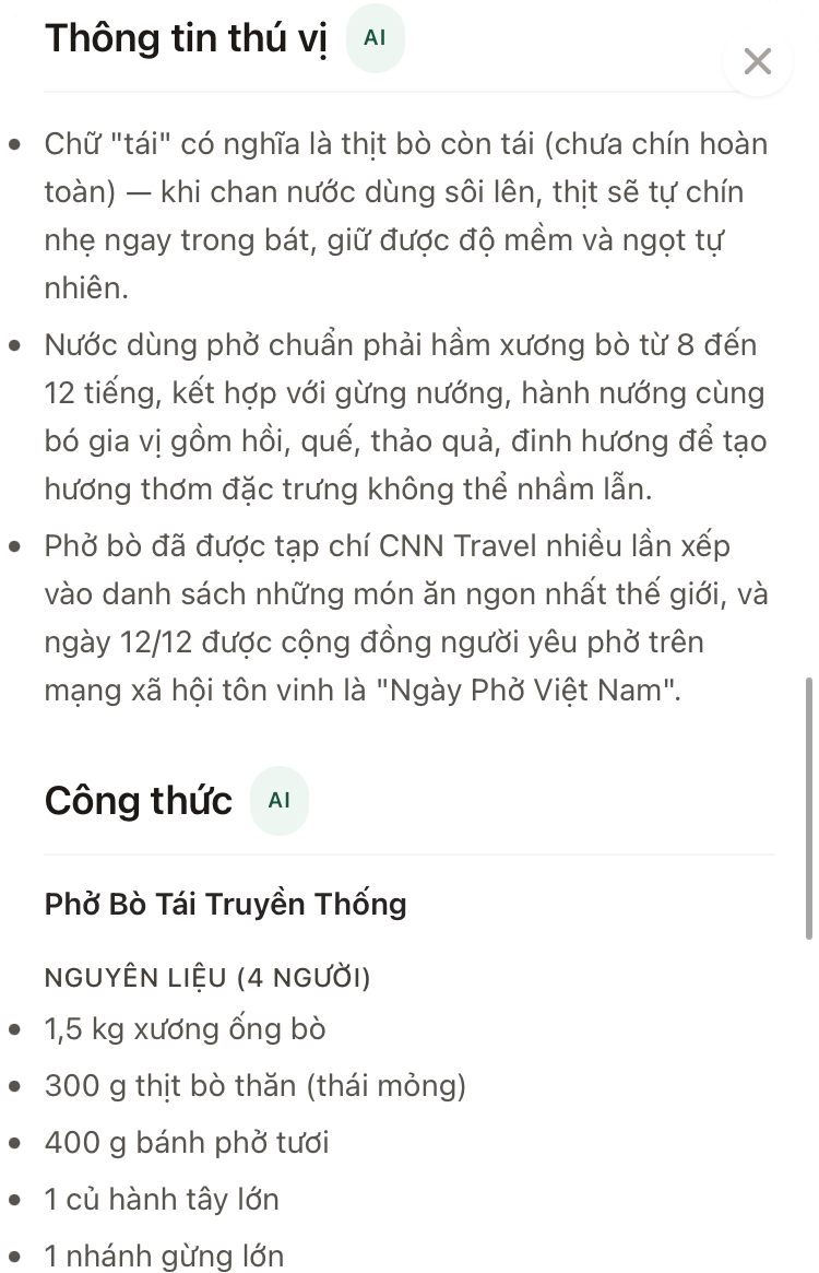 The AI-written recipe for the same dish, with its ingredients, in Vietnamese.