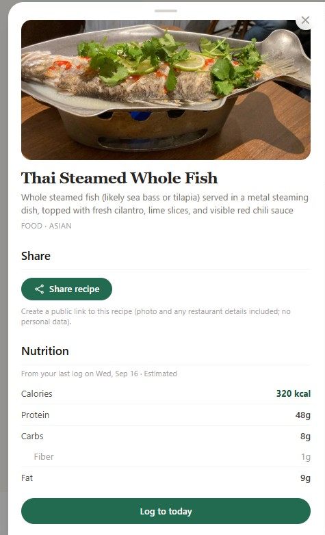 A logged dish in the catalogue, with its photo, a Share recipe button and its nutrition.