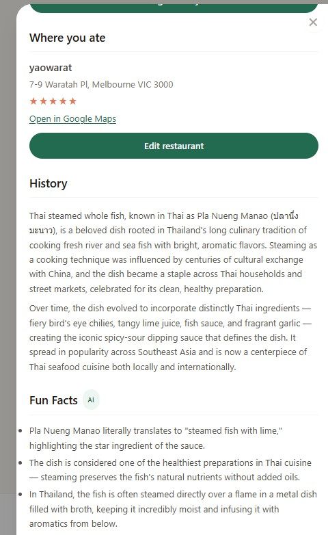The same dish showing its history and fun facts.