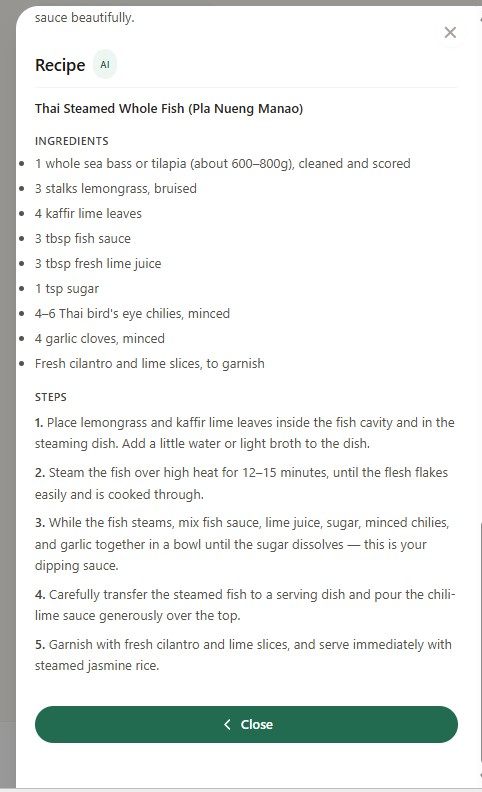The AI-written recipe for the dish, with ingredients and steps.